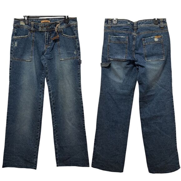 Refuge Y2K Cargo Cotton Distressed Wide Leg Raw Hem Jeans S 11 Vintage Wash Blue - Picture 1 of 17
